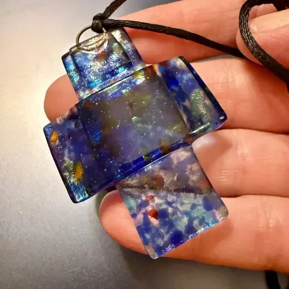 Handcrafted Colorful Speckled Blue Art Glass Cross Pendant - Picture 4 of 7